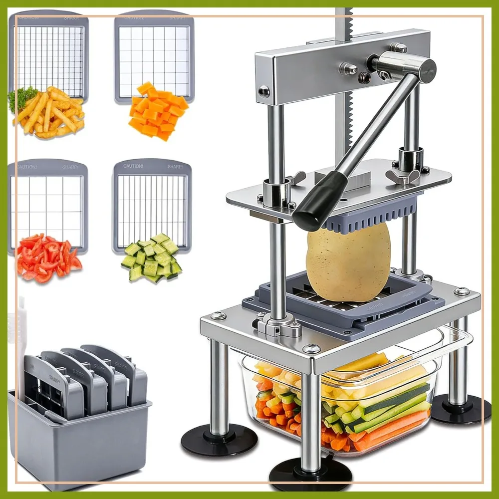 Commercial Vegetable Chopper, Stainless Steel French Fry Cutter with 4 Replacement Blades for Onion, Tomato, Fruit, Cucumber
Commercial Vegetable Chopper, Stainless Steel French Fry Cutter with 4 Replacement Blades for Onion, Tomato, Fruit, Cucumber