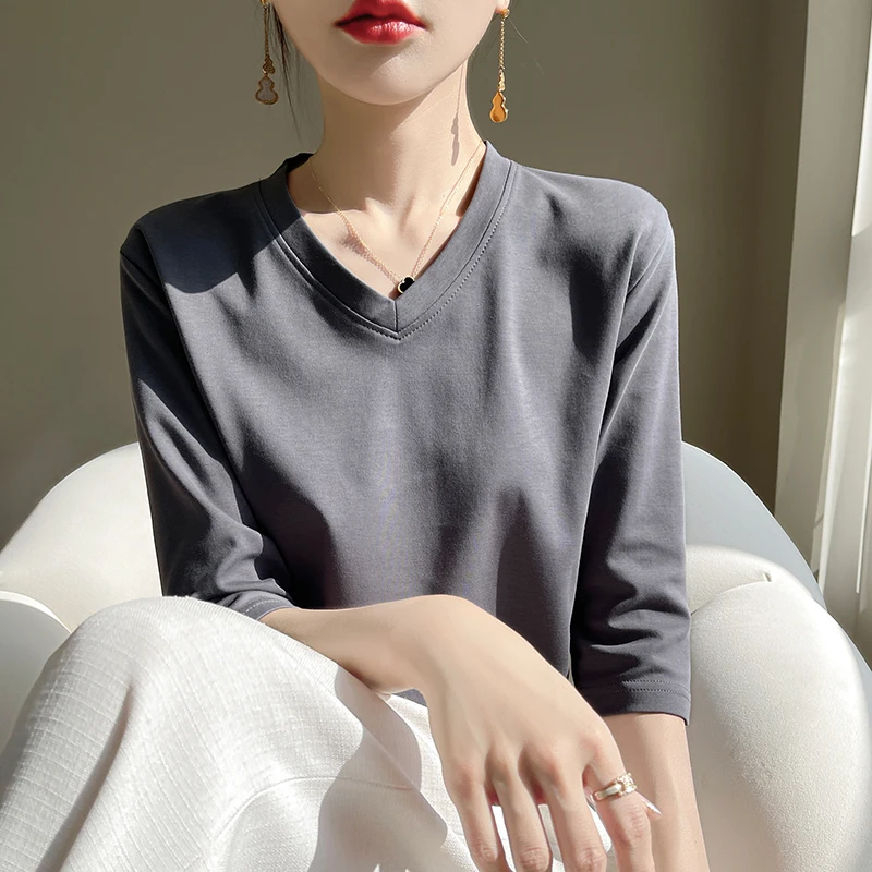 Хлопковая футболка с v-образным вырезом и короткими рукавами, женская весенне-летняя новая рубашка с короткими рукавами из мерсеризованного хлопка с укороченными рукавами
Хлопковая футболка с v-образным вырезом и короткими рукавами, женская весенне-летняя новая рубашка с короткими рукавами из мерсеризованного хлопка с укороченными рукавами