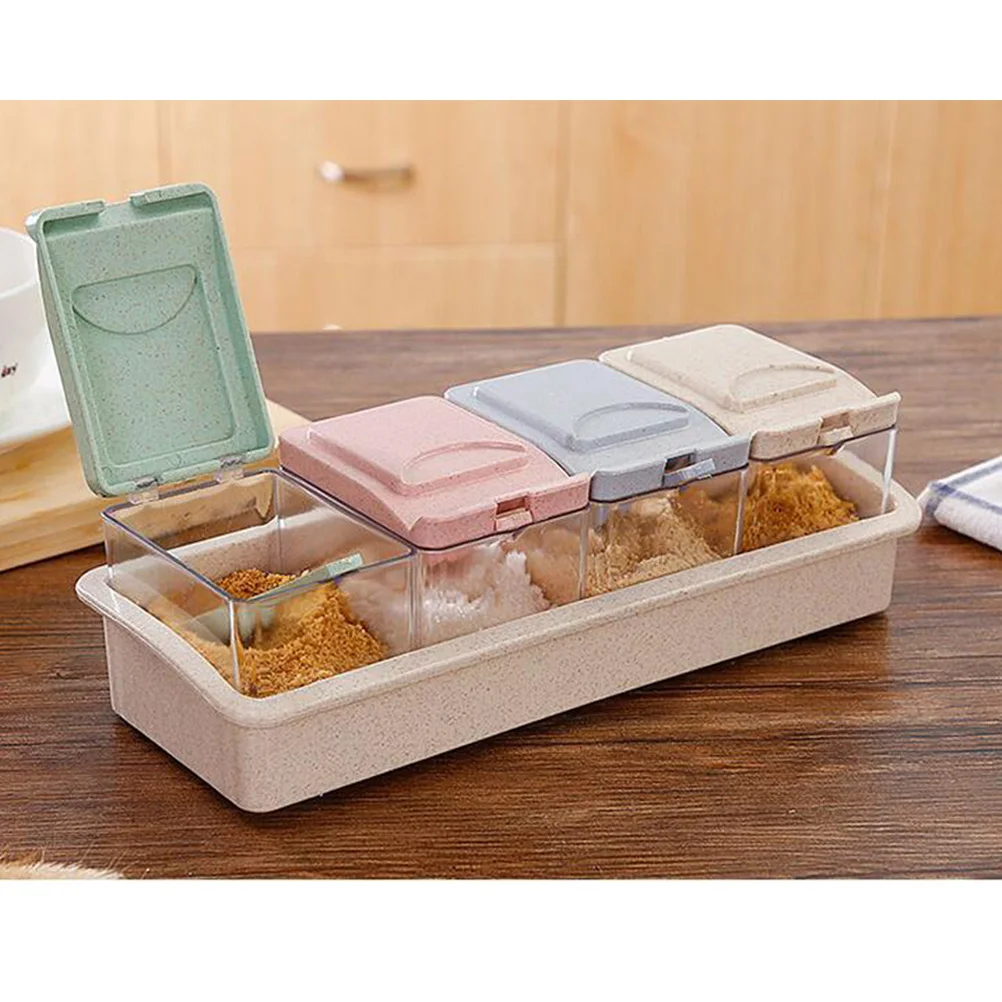 Seasoning Storage Box 4-Compartment Eco-Friendly Condiment Jars Spice Container With Spoon For Salt Sugar Pepper
Seasoning Storage Box 4-Compartment Eco-Friendly Condiment Jars Spice Container With Spoon For Salt Sugar Pepper