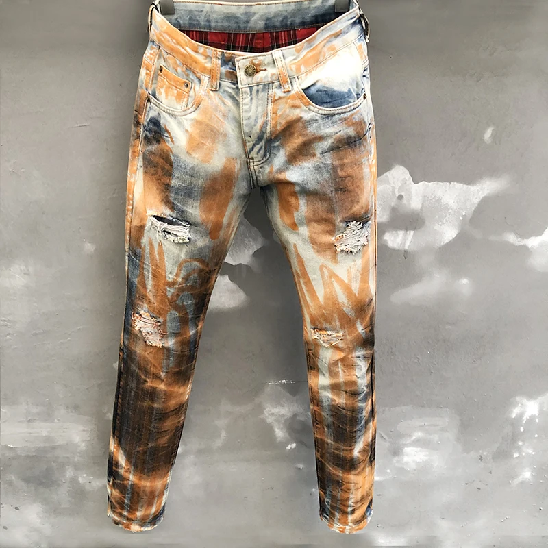 Skinny Ripped Jeans For Men High Street Orange Paint Slim Jean Men Fashion Jeans Party Casual Trousers Streetwear Pantalones
Skinny Ripped Jeans For Men High Street Orange Paint Slim Jean Men Fashion Jeans Party Casual Trousers Streetwear Pantalones