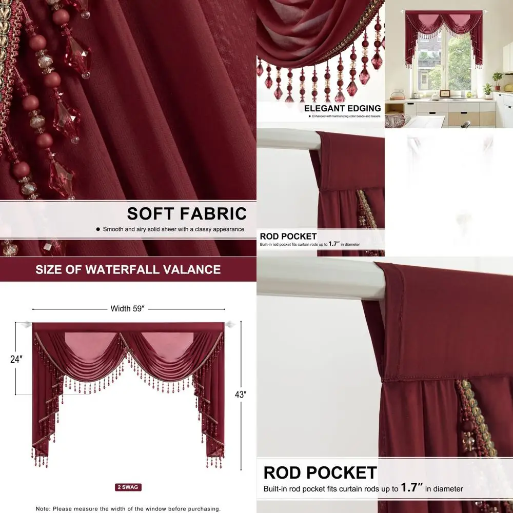 Elegant Red Sheer Waterfall Valance with Beaded Tassels, Soft Light Filtering Voile Curtains for Home, 59 W x 43 L
Elegant Red Sheer Waterfall Valance with Beaded Tassels, Soft Light Filtering Voile Curtains for Home, 59 W x 43 L