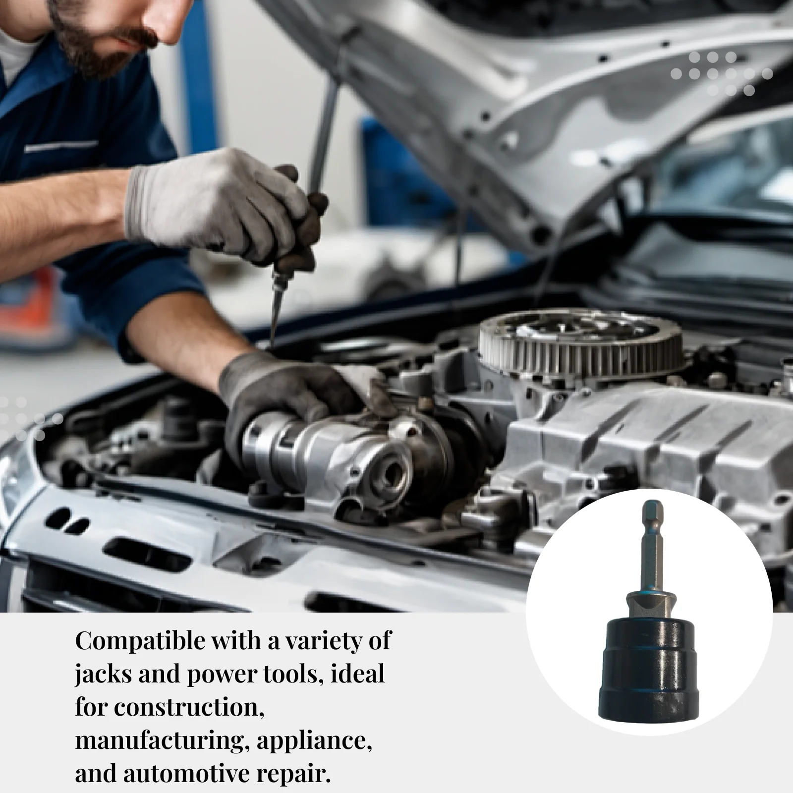 Универсальный адаптер для гнезда, небольшой размер, быстроразъемный инструмент для замены шин для обслуживания автомобилей, многоцелевой аксессуар
Универсальный адаптер для гнезда, небольшой размер, быстроразъемный инструмент для замены шин для обслуживания автомобилей, многоцелевой аксессуар