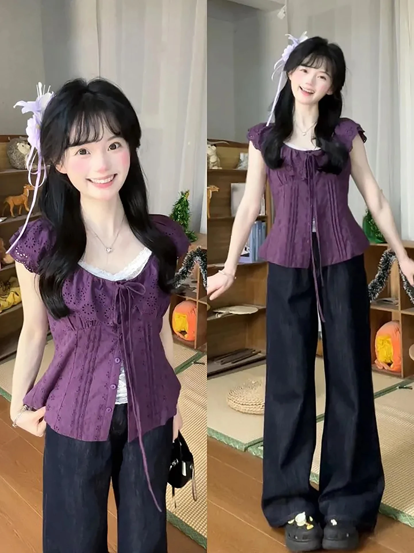 Summer Purple Lace Trim Belted Shirt And See through Mesh Tank Top Women's Fashion Set Elegant Style Short Sleeve V Neck
Summer Purple Lace Trim Belted Shirt And See through Mesh Tank Top Women's Fashion Set Elegant Style Short Sleeve V Neck