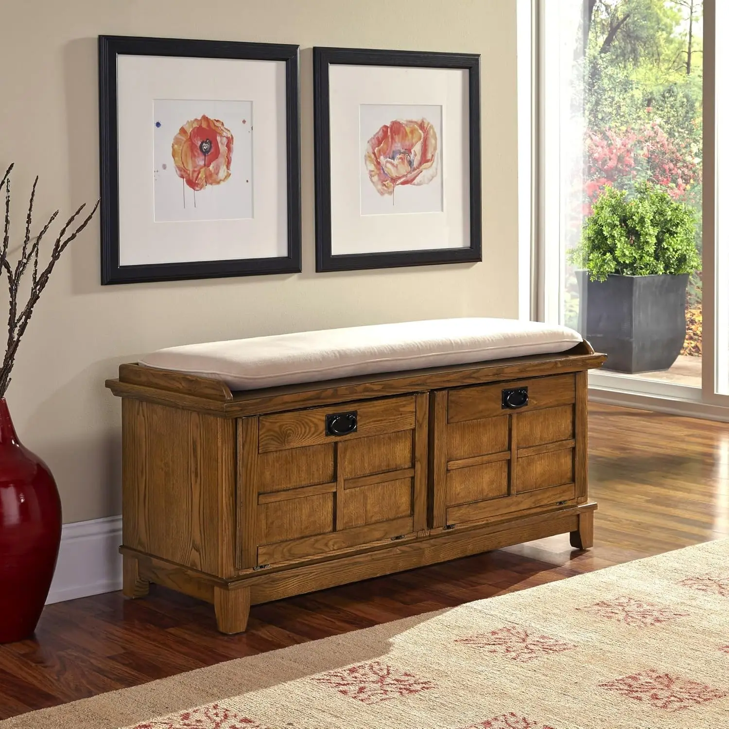 Arts and Crafts Cottage Oak Upholstered Bench with Removable Cushion, Dual Drop-down Storage Doors, Framed Doors
Arts and Crafts Cottage Oak Upholstered Bench with Removable Cushion, Dual Drop-down Storage Doors, Framed Doors