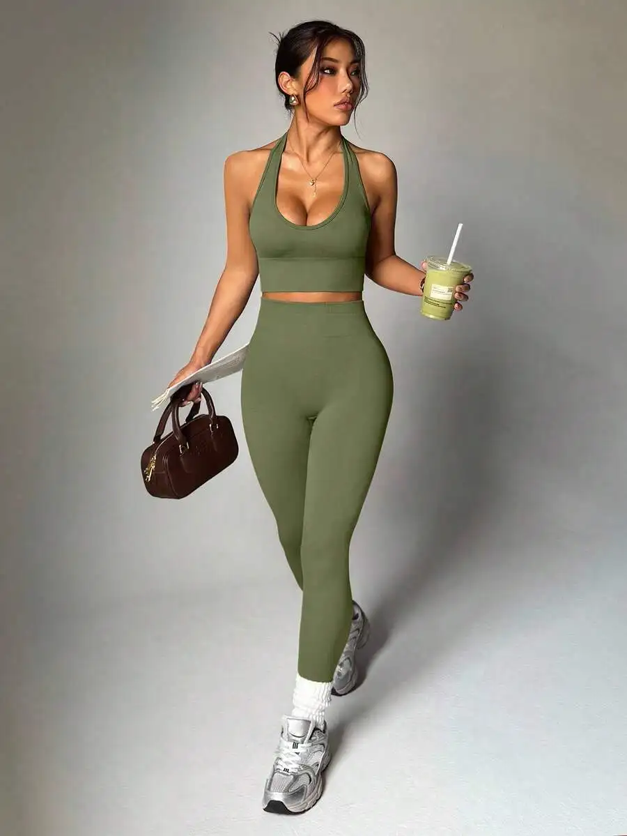 Women Solid Color Cropped Halter Neck Tank Top And High Waist Leggings Sports Set
Women Solid Color Cropped Halter Neck Tank Top And High Waist Leggings Sports Set