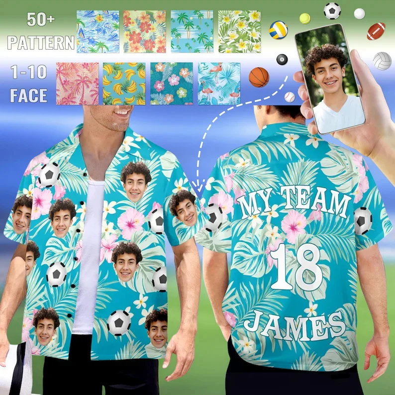 Custom Face Soccer Hawaiian Shirt For Men Women Personalized Name & Number Tropical Print Short Sleeve Button Down Cuban Shirt
Custom Face Soccer Hawaiian Shirt For Men Women Personalized Name & Number Tropical Print Short Sleeve Button Down Cuban Shirt