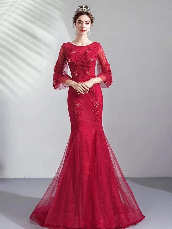 Red Lace Long Sleeve Fish Tail Wedding Dress Angel Bride Gown Cocktail Party Evening Gown Fashionable Crystal Beaded mid Waist
Red Lace Long Sleeve Fish Tail Wedding Dress Angel Bride Gown Cocktail Party Evening Gown Fashionable Crystal Beaded mid Waist
