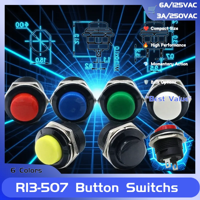 R13-507 Momentary Push Button Switch 6A/125VAC 3A/250VAC Dia.16mm Momentary Round Power Switches 2/5/10/30/50/100pcs
R13-507 Momentary Push Button Switch 6A/125VAC 3A/250VAC Dia.16mm Momentary Round Power Switches 2/5/10/30/50/100pcs