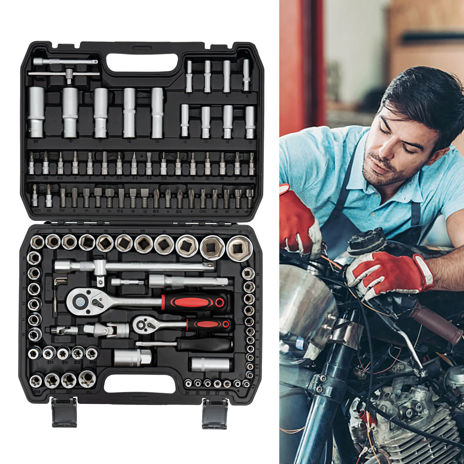 108 Piece Ratchet Wrench Mechanics Tools Set Metric 1/4 And 1/2 Drive Socket Carbon And #45 Steel, PP Kit
108 Piece Ratchet Wrench Mechanics Tools Set Metric 1/4 And 1/2 Drive Socket Carbon And #45 Steel, PP Kit