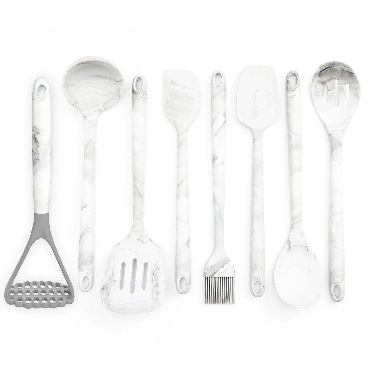 8-piece silicone kitchen utensils set in white marble finish, heat-resistant and non-scratch
8-piece silicone kitchen utensils set in white marble finish, heat-resistant and non-scratch