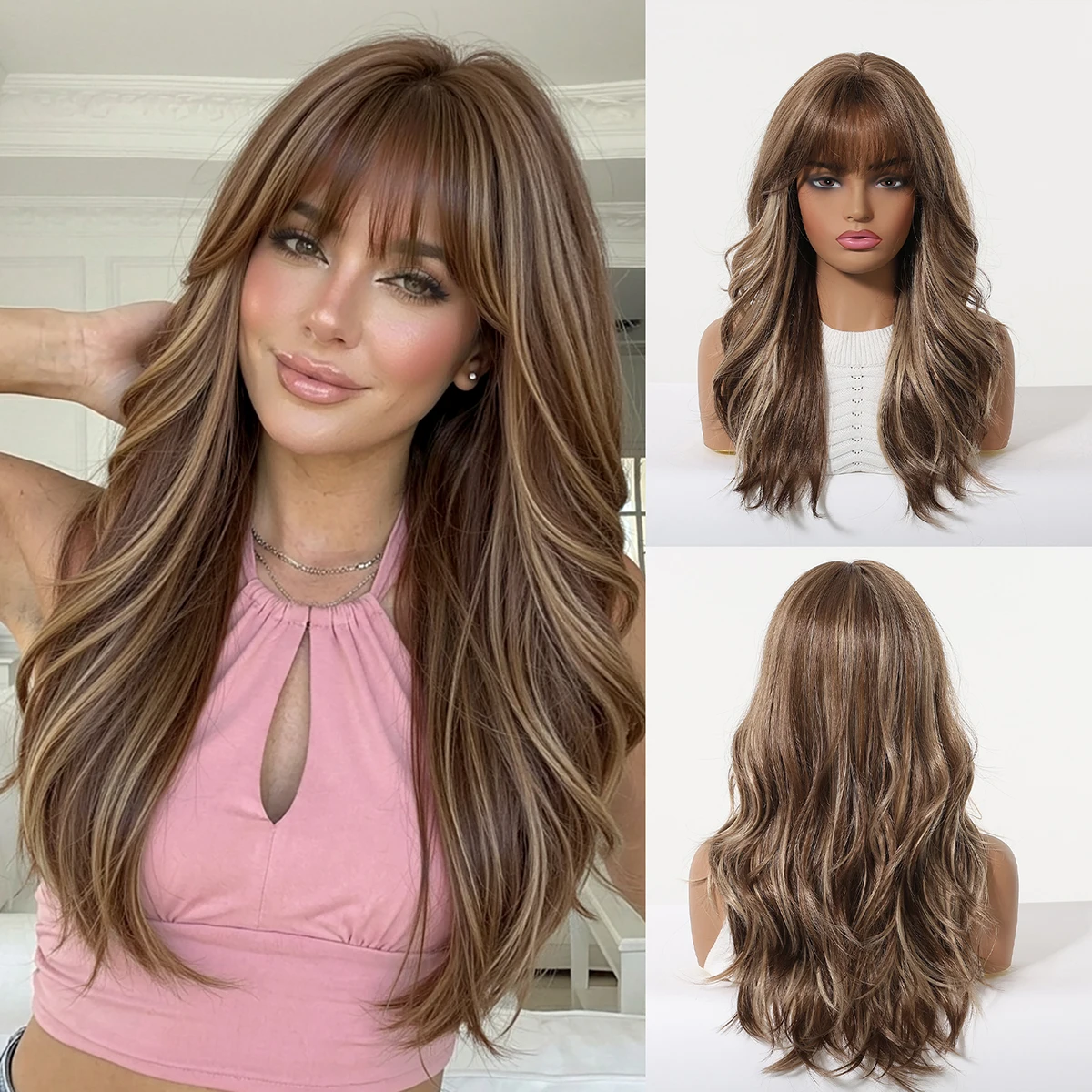 Long Wavy Brown Highlight Wig with Bangs for Women Caramel Balayage Wig Synthetic Heat Resistant Fiber Honey Brown Ombre Wig
Long Wavy Brown Highlight Wig with Bangs for Women Caramel Balayage Wig Synthetic Heat Resistant Fiber Honey Brown Ombre Wig