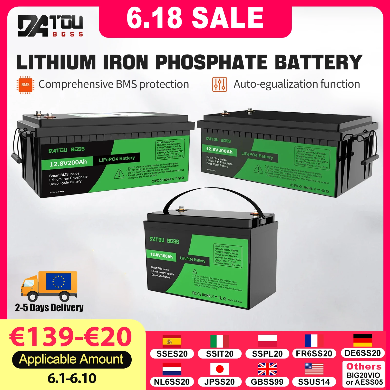 DATOUBOSS 12V100Ah Deep Cycle Lithium Iron Phosphate Battery Built-in Intelligent BMS For RV Golf Cart Boat Solar System NO TAX
DATOUBOSS 12V100Ah Deep Cycle Lithium Iron Phosphate Battery Built-in Intelligent BMS For RV Golf Cart Boat Solar System NO TAX