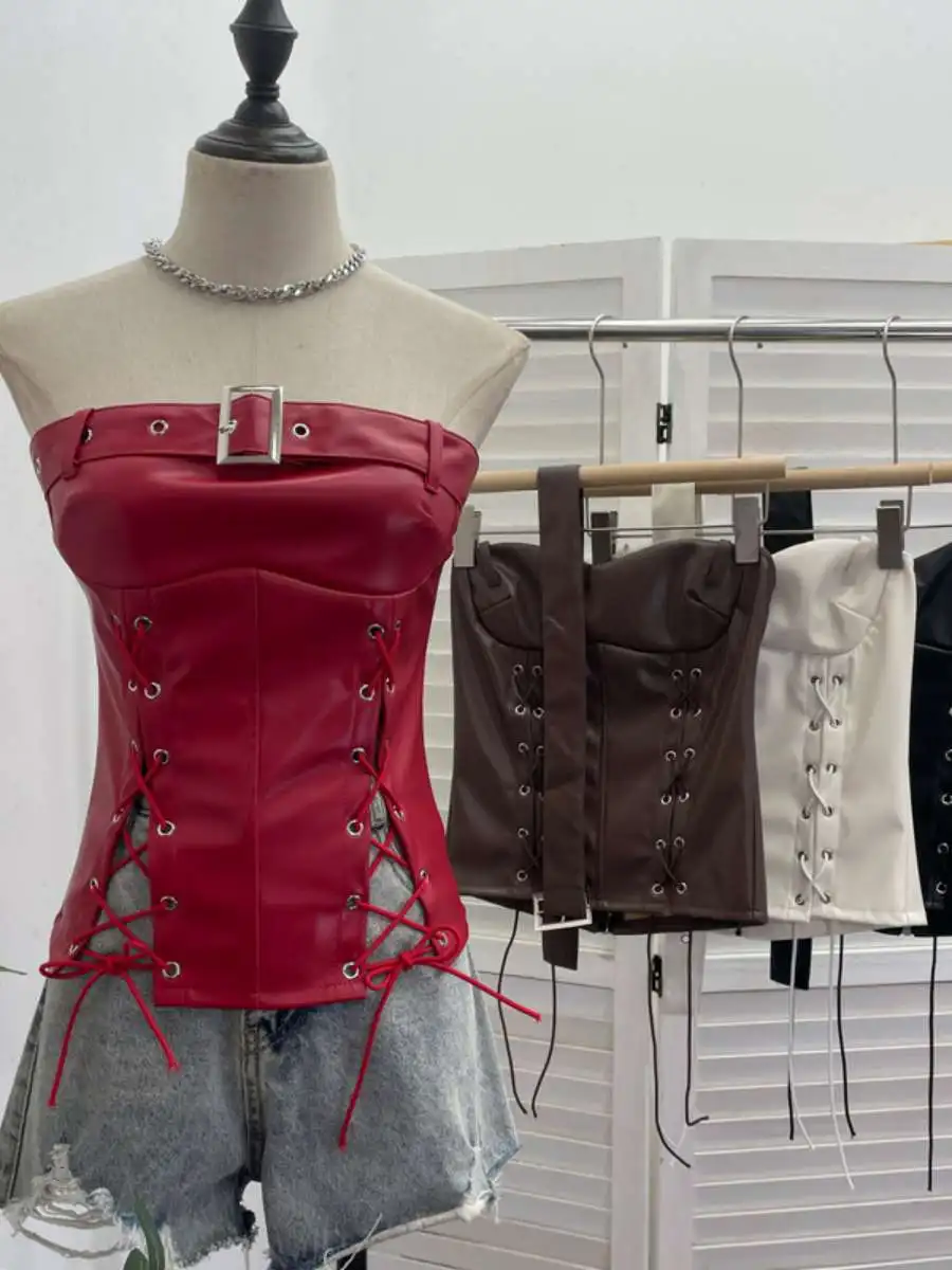 Punk Sle Western Cowboy Bandage Slit Waistl Top Leather Bule Wrapped Chest Svel irt for Women Pure Color
Punk Sle Western Cowboy Bandage Slit Waistl Top Leather Bule Wrapped Chest Svel irt for Women Pure Color