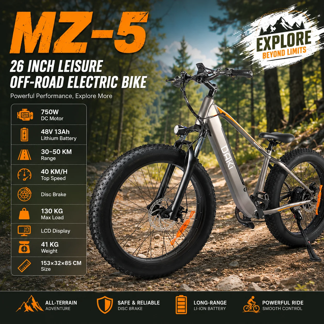 MZ-5 26 Inch Mountain Off-Road E-Bike 750W DC Motor E-Bike 48V 13Ah Rechargeable Battery 40KM/H Speed LCD Display Disc Brake
MZ-5 26 Inch Mountain Off-Road E-Bike 750W DC Motor E-Bike 48V 13Ah Rechargeable Battery 40KM/H Speed LCD Display Disc Brake