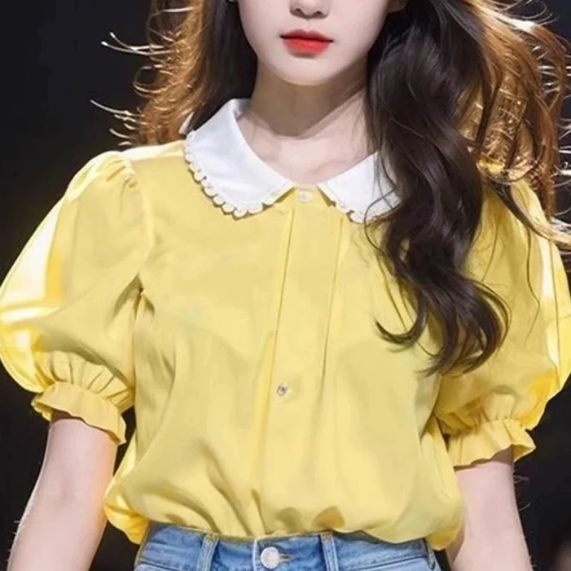 Summer New Patchwork Peter Pan Collar Short Sleeve Loose High Quality Women's Wear Single Breasted Office Lady Shirt
Summer New Patchwork Peter Pan Collar Short Sleeve Loose High Quality Women's Wear Single Breasted Office Lady Shirt