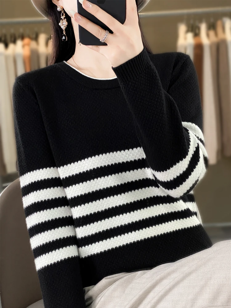 Autumn Winter New Style Women's Long Sleeve Knitted Cotton Base Shirt Loose Fit Fashionable Stripe Pattern Low round Neck
Autumn Winter New Style Women's Long Sleeve Knitted Cotton Base Shirt Loose Fit Fashionable Stripe Pattern Low round Neck