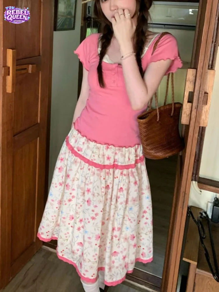 Japanese Sweet Kawaii 2 Piece Set Women Slim Fit Short Sleeve T-Shirt + Floral Print Midi Skirt Summer Casual Elegant Outfits
Japanese Sweet Kawaii 2 Piece Set Women Slim Fit Short Sleeve T-Shirt + Floral Print Midi Skirt Summer Casual Elegant Outfits