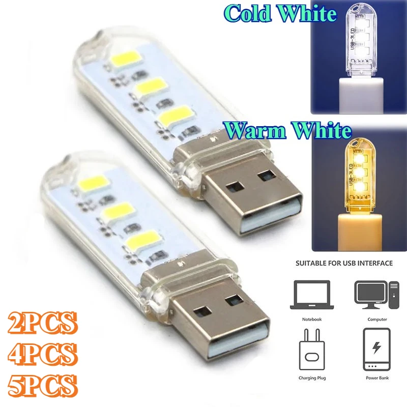 2/4/5pcs Mini USB Plug 3 LED Lamp 5V Portable Eye Protection Book Light Computer Mobile Power Charging USB Reading Night Light