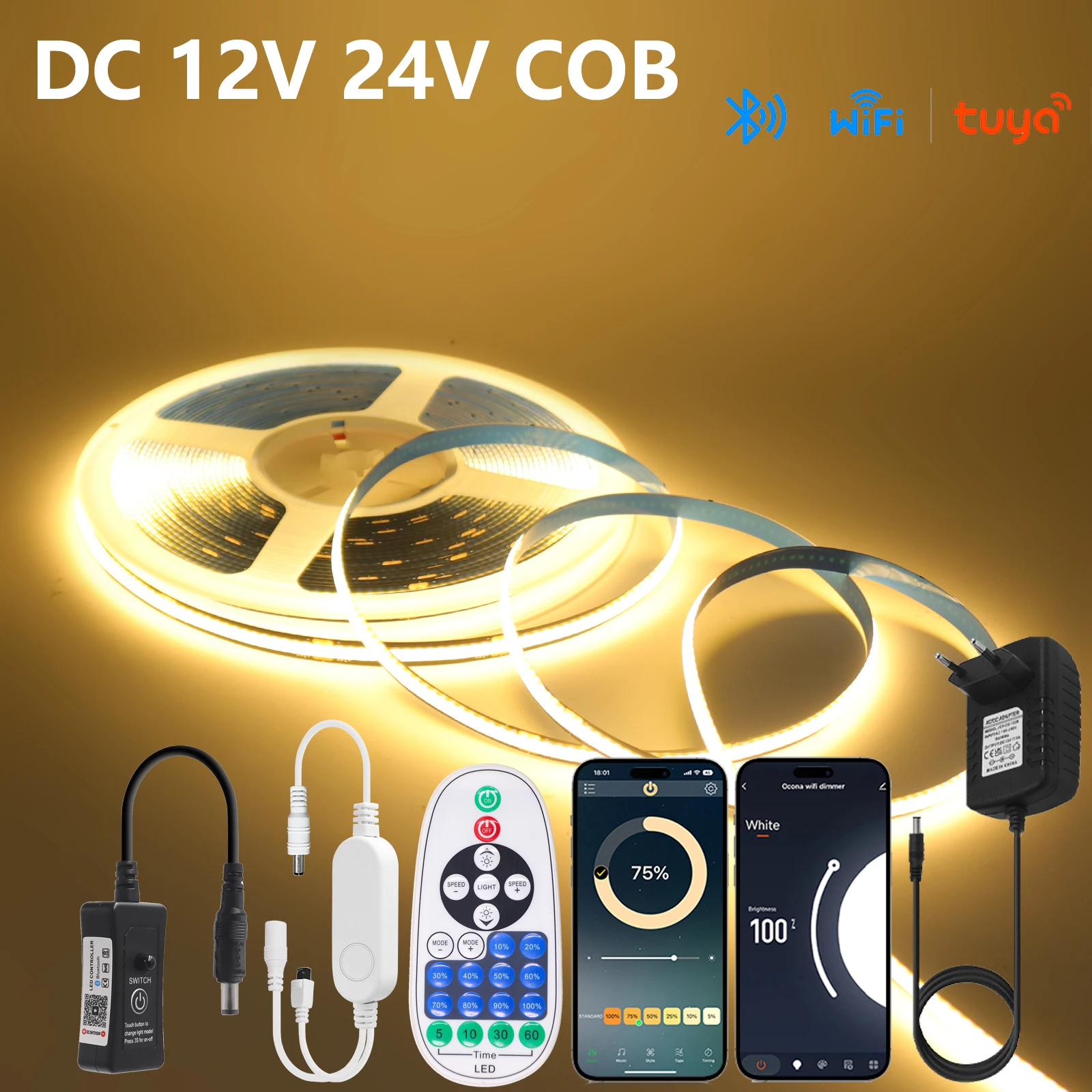 8mm COB LED Strip 12V 24V 320LEDs/m Wifi Bluetooth Remote Control Power Kit RA90 Black PCB Flexible Tape for Kitchen Home Decor
8mm COB LED Strip 12V 24V 320LEDs/m Wifi Bluetooth Remote Control Power Kit RA90 Black PCB Flexible Tape for Kitchen Home Decor