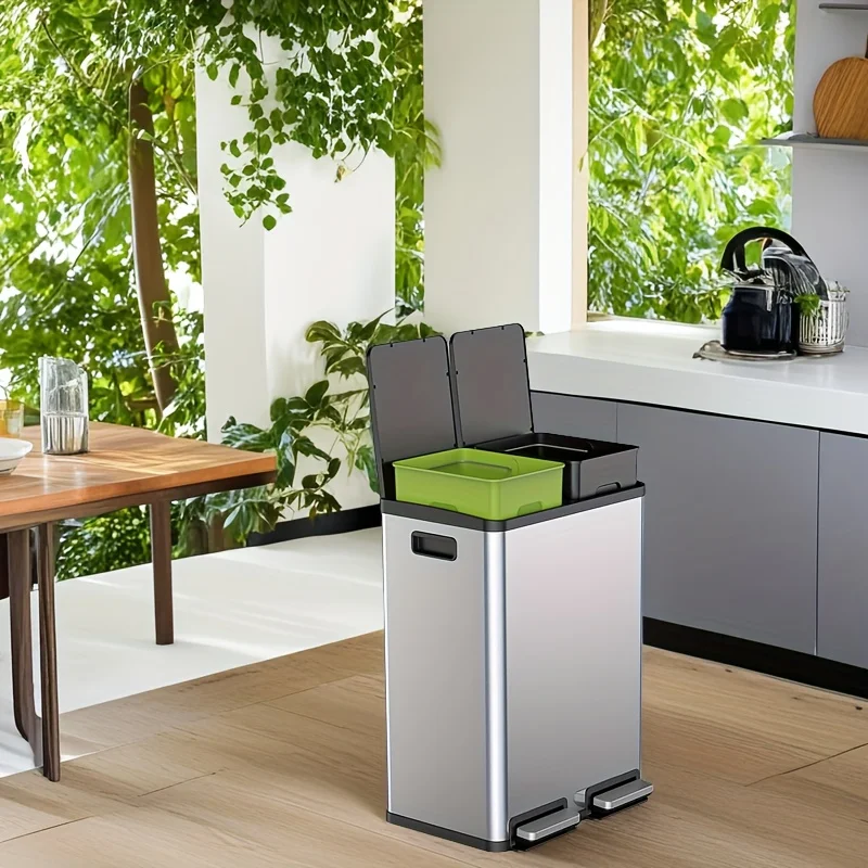 Large 60-Litre Stainless Steel Trash Bin - Double Compartment With 2x8 Gallon Plastic Inner Pails, Sealed Design With Soft-Close
Large 60-Litre Stainless Steel Trash Bin - Double Compartment With 2x8 Gallon Plastic Inner Pails, Sealed Design With Soft-Close