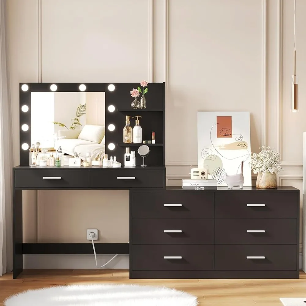 65inch Vanity Desk Set,3 Lighting Colors Lights & Mirror,8 Drawers Vanity Table with Side Storage Shelf,,Bedroom Dressing Table.
65inch Vanity Desk Set,3 Lighting Colors Lights & Mirror,8 Drawers Vanity Table with Side Storage Shelf,,Bedroom Dressing Table.