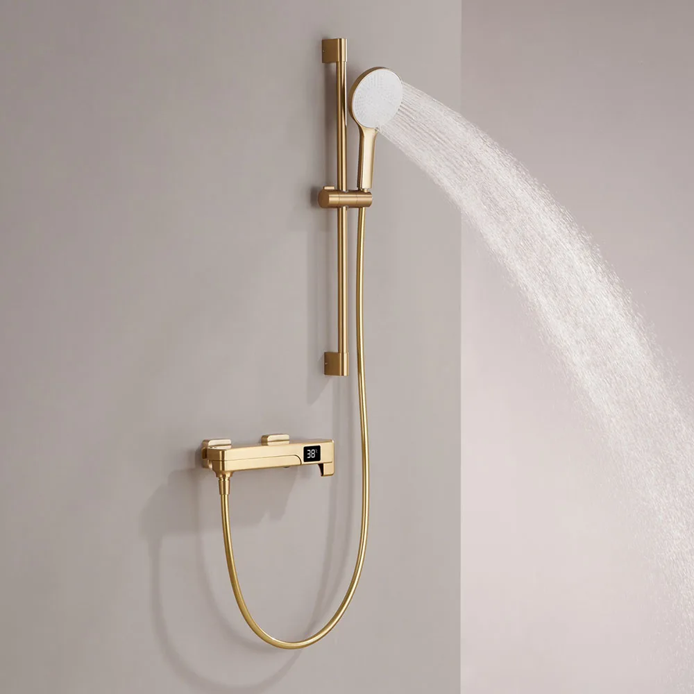 Brushed Gold/Chrome Bathroom Shower Set Hot and Cold Shower Mixer Rotating Faucet Digital display Brass 2-Function Shower System
Brushed Gold/Chrome Bathroom Shower Set Hot and Cold Shower Mixer Rotating Faucet Digital display Brass 2-Function Shower System