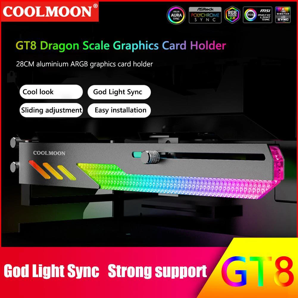 COOLMOON GT8 Horizontal GPU Support 5V ARGB Bracket Video Card Stand GPU Holder
COOLMOON GT8 Horizontal GPU Support 5V ARGB Bracket Video Card Stand GPU Holder