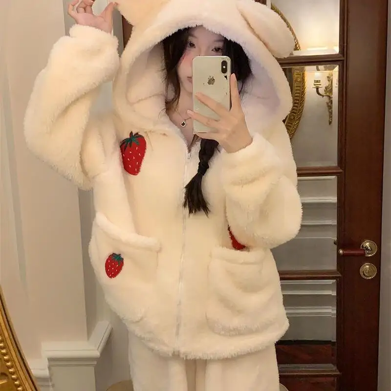 Пижамы для девочек, домашняя одежда с капюшоном, утолщенная фланель, пижама из кораллового флиса, ночная рубашка, женская милая верхняя одежда на молнии, осень-зима