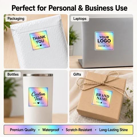 Customizable Square Holographic Stickers, Waterproof Rainbow Logo Stickers for Business, Packaging, Weddings - Personalized Logos and Text, Durable Plastic Suitable for Daily Office Use, Office Supplies, Vibrant Stickers, Custom Stickers, Various Size and Quantity Options.