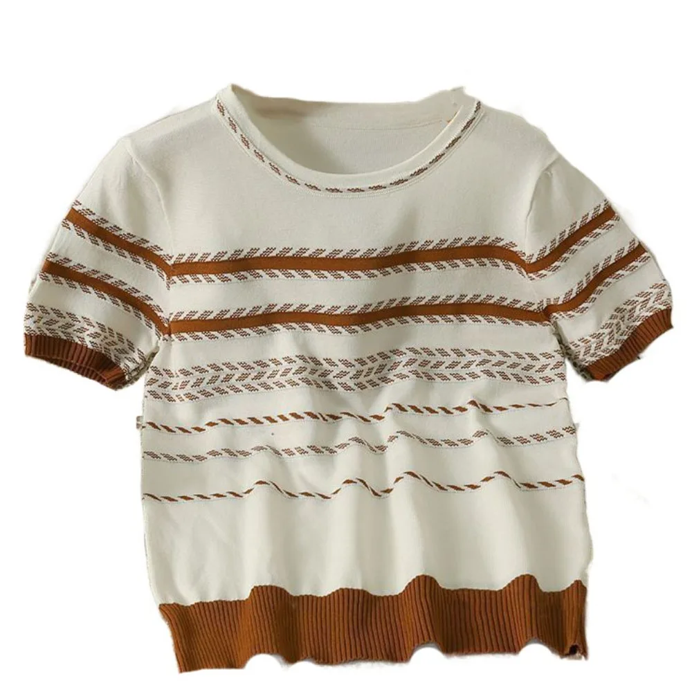 Comfortable Ins Short Sleeve Crop Top Loose Summer Stripe Knitted T-shirt Female Clothing Bottoming Shirt Knitwear Women Summer
Comfortable Ins Short Sleeve Crop Top Loose Summer Stripe Knitted T-shirt Female Clothing Bottoming Shirt Knitwear Women Summer