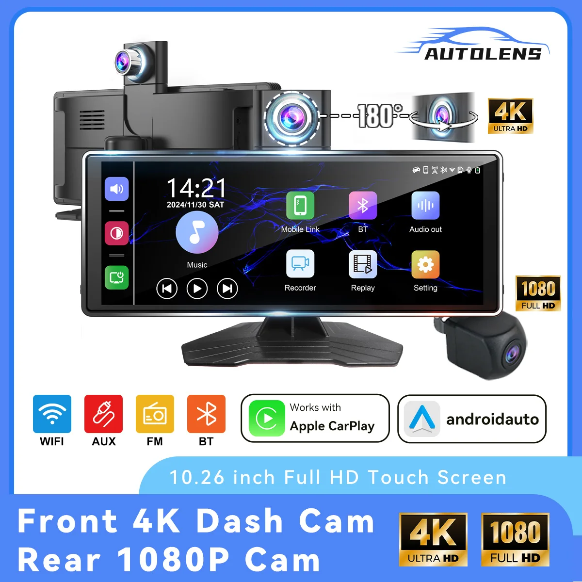 10.26" 4K/1080P Touch Car Stereo with CarPlay & Android Auto | Front & Rear Dash Cam, Night Vision, WiFi, Bluetooth, FM
10.26" 4K/1080P Touch Car Stereo with CarPlay & Android Auto | Front & Rear Dash Cam, Night Vision, WiFi, Bluetooth, FM