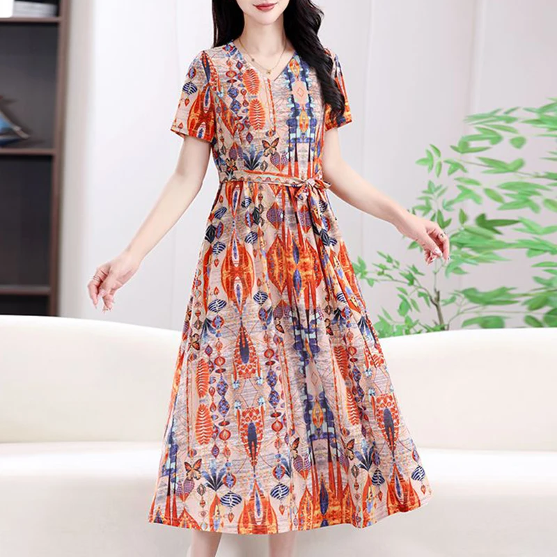 Elegant V-Neck Spliced Printed Folds Bandage Bow Midi Dress Women's Clothing Summer New Oversized Office Lady Floral Dress
Elegant V-Neck Spliced Printed Folds Bandage Bow Midi Dress Women's Clothing Summer New Oversized Office Lady Floral Dress