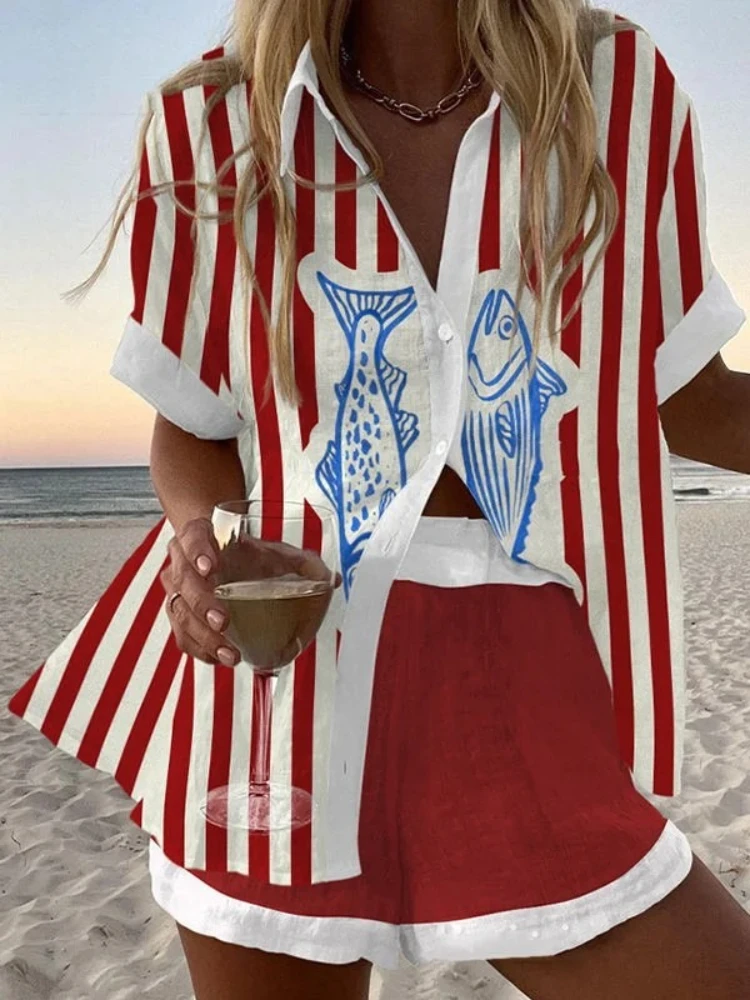 Fashion Print Beach Holiday 2-Piece Set Women Summer Short Sleeve Shirt Top + Wide Legs Short Women's Oversized Two-Piece Outfit
Fashion Print Beach Holiday 2-Piece Set Women Summer Short Sleeve Shirt Top + Wide Legs Short Women's Oversized Two-Piece Outfit