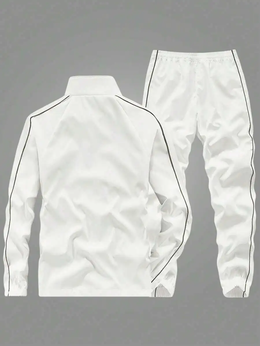 White Mens Zip-Up Track Jacket With Black Trim And Matching Drawstring Pants Set
White Mens Zip-Up Track Jacket With Black Trim And Matching Drawstring Pants Set