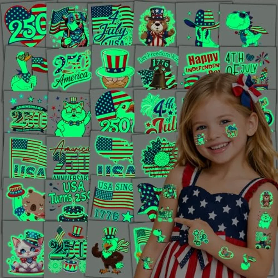 108PCS 4th of July Temporary Tattoos,250th Anniversary USA Glow in the Dark Fourth of July Birthday Decorations for Patriotic P
108PCS 4th of July Temporary Tattoos,250th Anniversary USA Glow in the Dark Fourth of July Birthday Decorations for Patriotic P