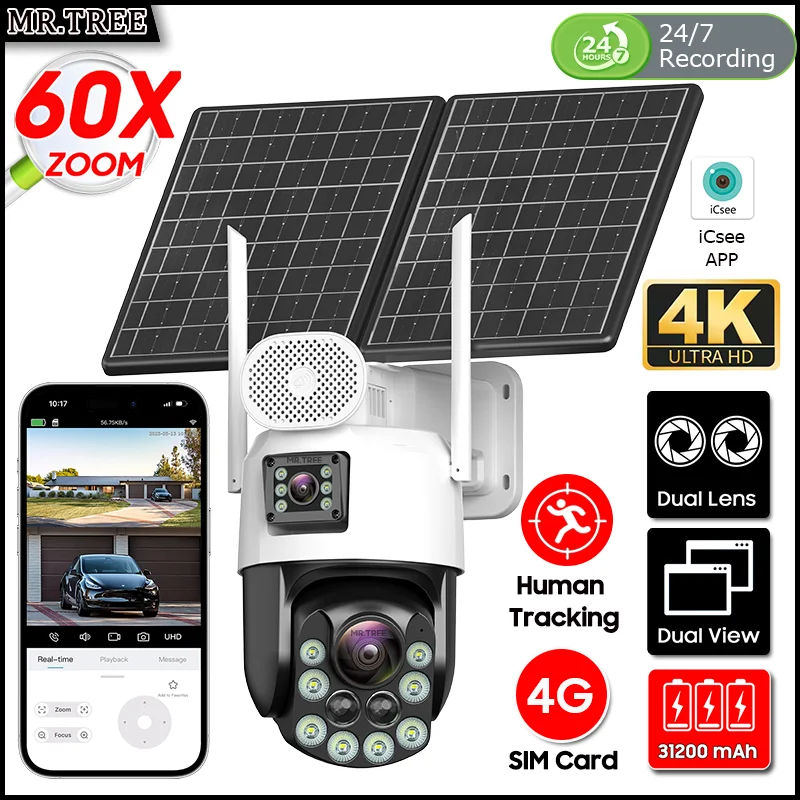 4G SIM Home Outdoor Surveillance Solar Camera 60x Zoom AOV 24 Hours 25W Smart Auto Tracking PTZ CCTV Security Protection IP Cam
4G SIM Home Outdoor Surveillance Solar Camera 60x Zoom AOV 24 Hours 25W Smart Auto Tracking PTZ CCTV Security Protection IP Cam