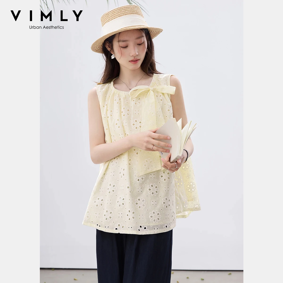 VIMLY Women's Sleeveless Blouse 2026 Summer New Elegant Round Neck Bow Tie Cut Out Embroidery 100% Cotton Casual Shirt A5166
VIMLY Women's Sleeveless Blouse 2026 Summer New Elegant Round Neck Bow Tie Cut Out Embroidery 100% Cotton Casual Shirt A5166
