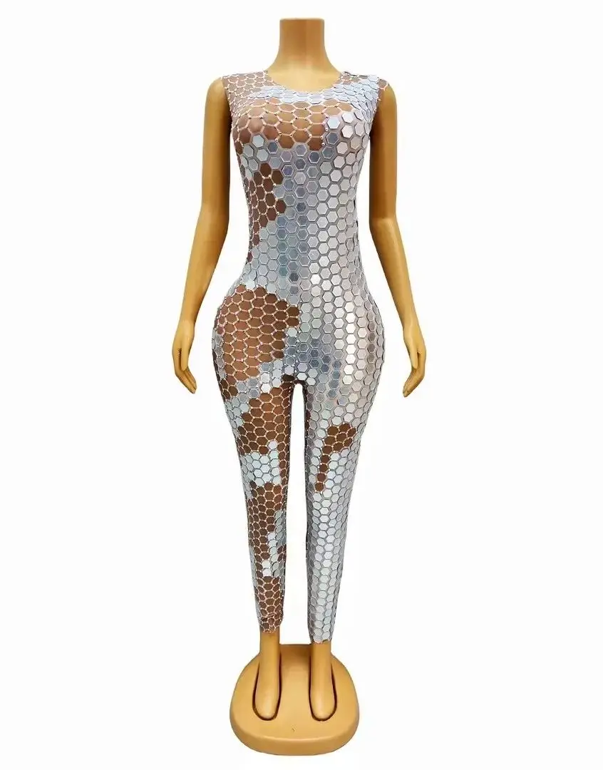 Sparkly Silver Rhinestones Mirrors Bodysuit Sexy Stretch Leggings Sleeveless Jumpsuit Costume Birthday Celebrate Outfit yinpian
Sparkly Silver Rhinestones Mirrors Bodysuit Sexy Stretch Leggings Sleeveless Jumpsuit Costume Birthday Celebrate Outfit yinpian