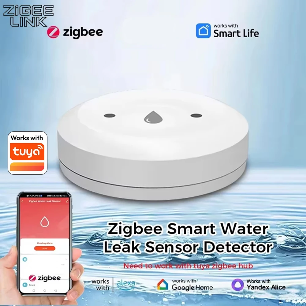 Tuya ZigBee Smart Home Water Leak Detector Flood Sensor Alarm Real Time Monitoring Smart Life APP Remote Control with Gateway