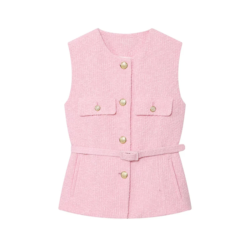 Elegant With Belt Pink Vest For Women O Neck Sleeveless Single Breasted Slim Waistcoat High Street Chic Tops
Elegant With Belt Pink Vest For Women O Neck Sleeveless Single Breasted Slim Waistcoat High Street Chic Tops