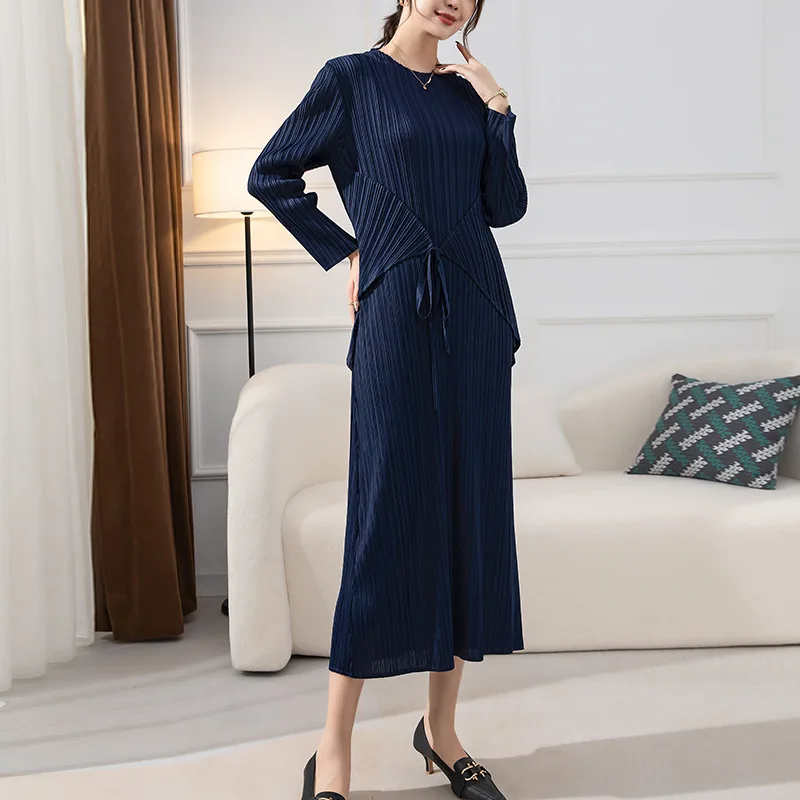 miyake pleated casual solid dress 2022 autumn belt fashion vintage long dress for women
miyake pleated casual solid dress 2022 autumn belt fashion vintage long dress for women