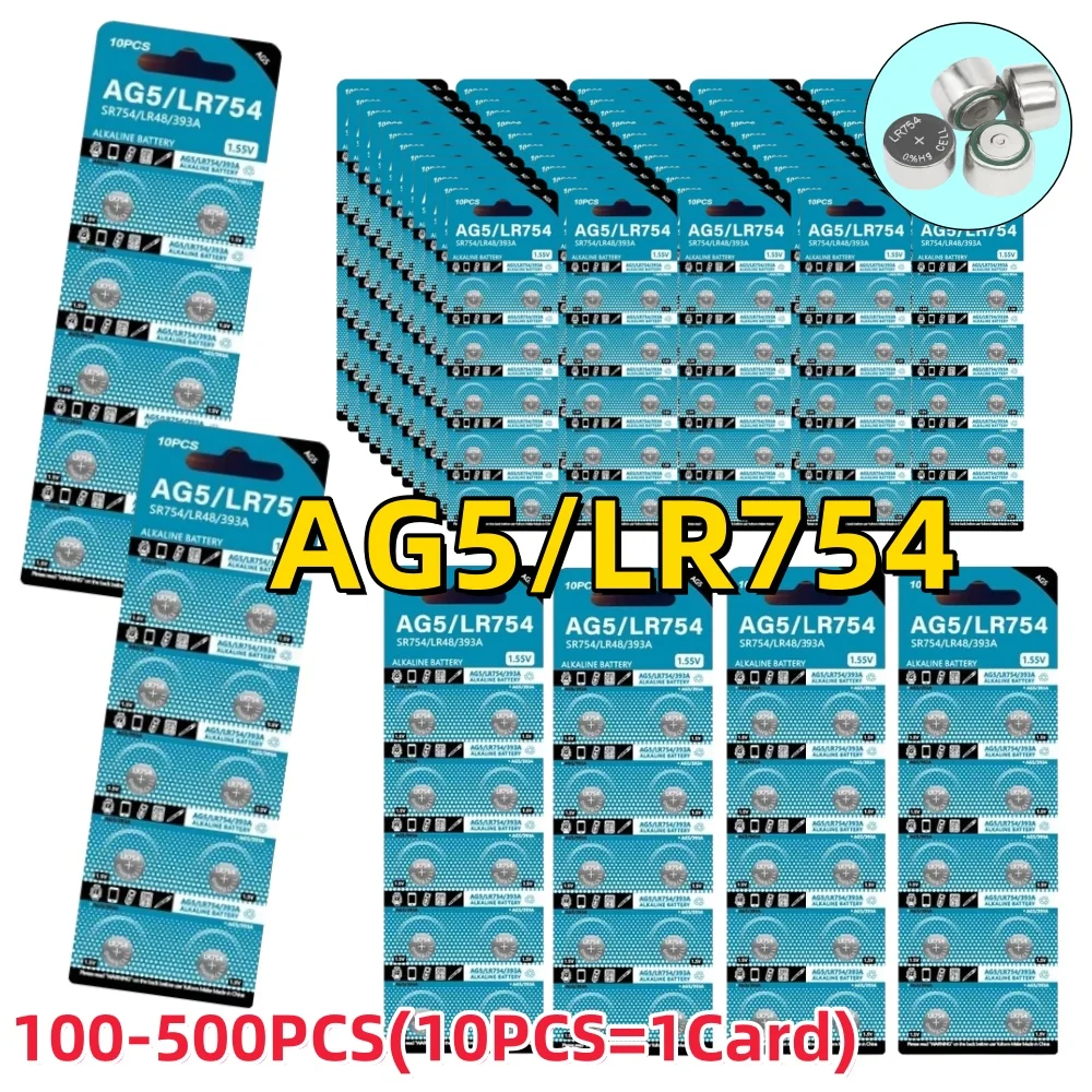 100-500PCS AG5 LR754 1.55V Battery D309 D393 G5 G5A L754 LR48 LR754 RW28 SR48 Button Coin Cell For Watch Toy Remote Control
100-500PCS AG5 LR754 1.55V Battery D309 D393 G5 G5A L754 LR48 LR754 RW28 SR48 Button Coin Cell For Watch Toy Remote Control