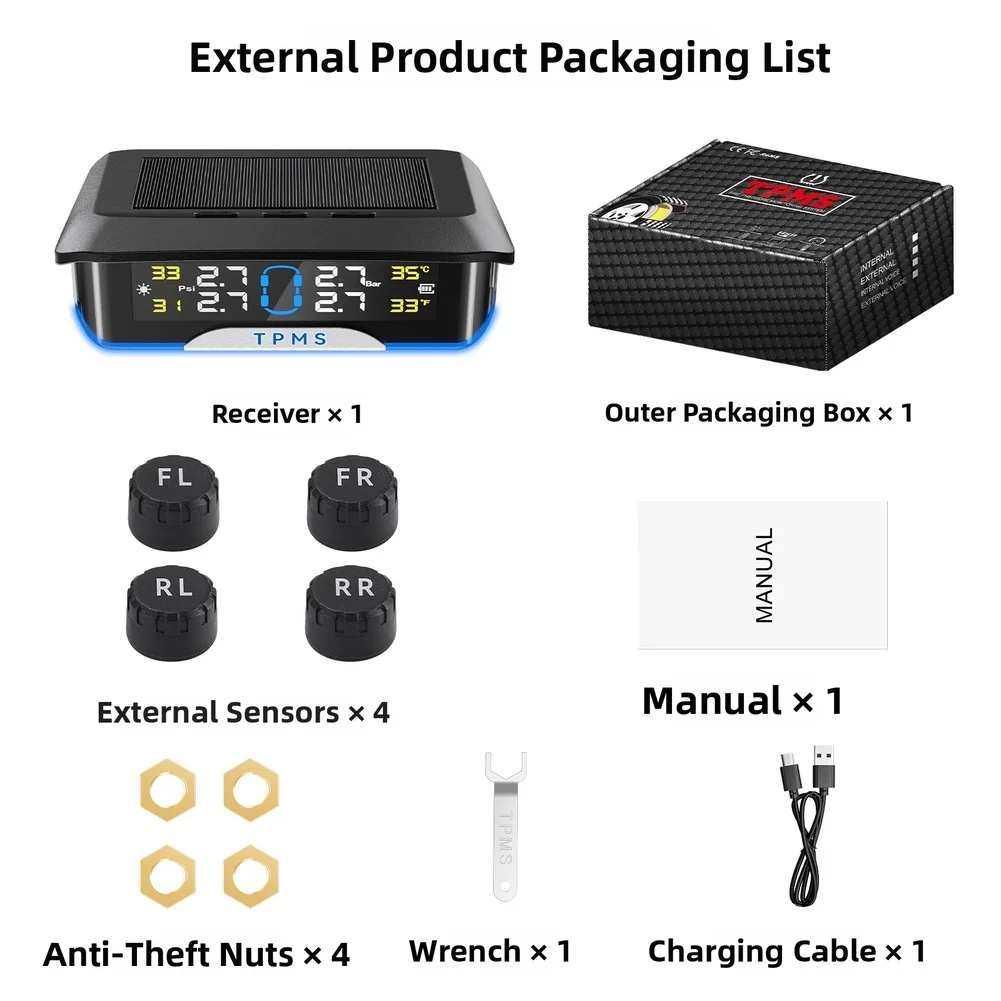 External Sensor TPMS Wireless System Powered by Solar for Tire Pressure and Temperature Alerts Every 3 Minutes
External Sensor TPMS Wireless System Powered by Solar for Tire Pressure and Temperature Alerts Every 3 Minutes