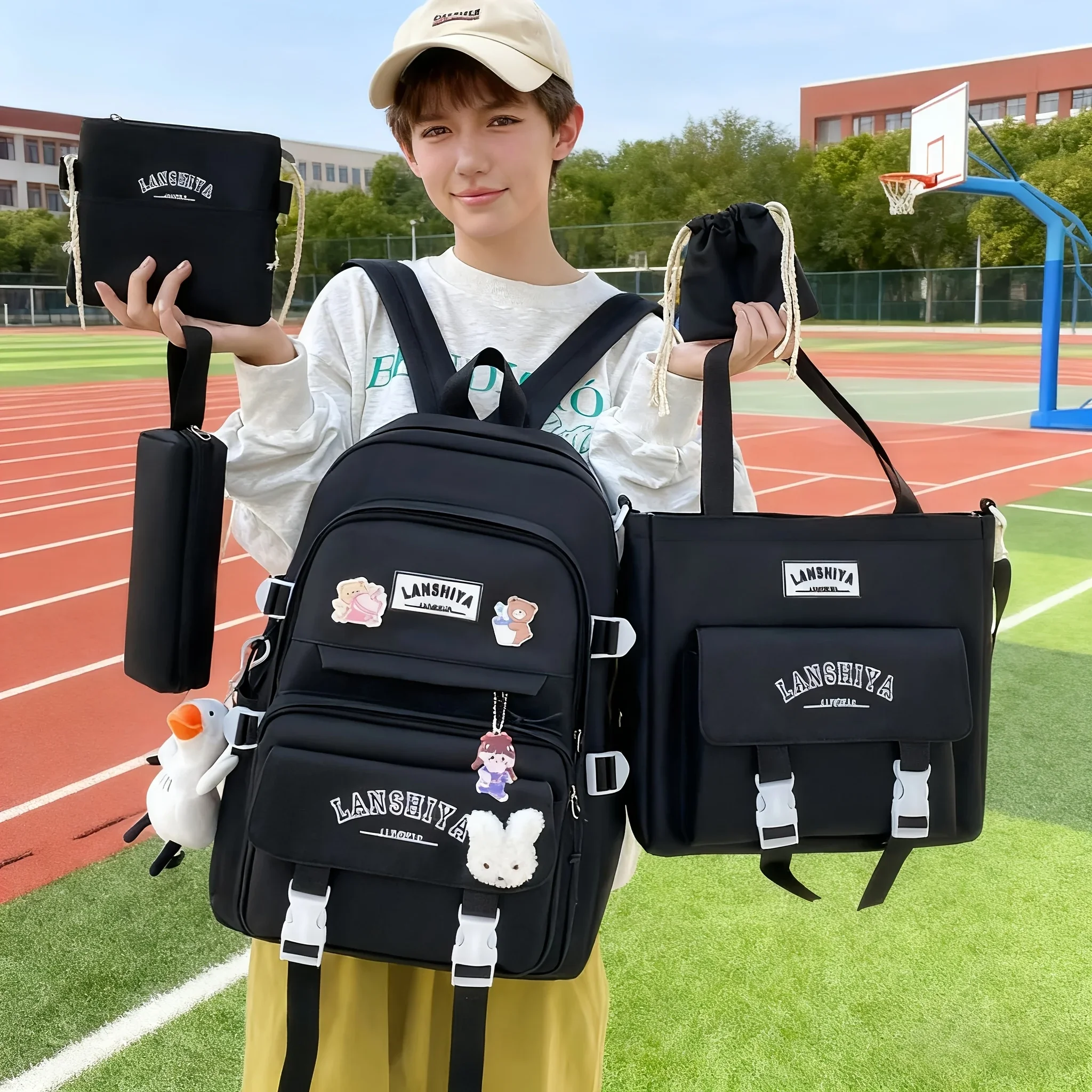 5pcs Solid Color Backpack Set, Large Capacity Double-Shoulder Bag, Simple Tote, Pencil Bag, Casual Crossbody, Lightweight Student Backpack Set with Ducky Charm, 3 Badges, and Rabbit Charm, Canvas Material, Position Print, Zip Closure, Hand Wash
5pcs Solid Color Backpack Set, Large Capacity Double-Shoulder Bag, Simple Tote, Pencil Bag, Casual Crossbody, Lightweight Student Backpack Set with Ducky Charm, 3 Badges, and Rabbit Charm, Canvas Material, Position Print, Zip Closure, Hand Wash