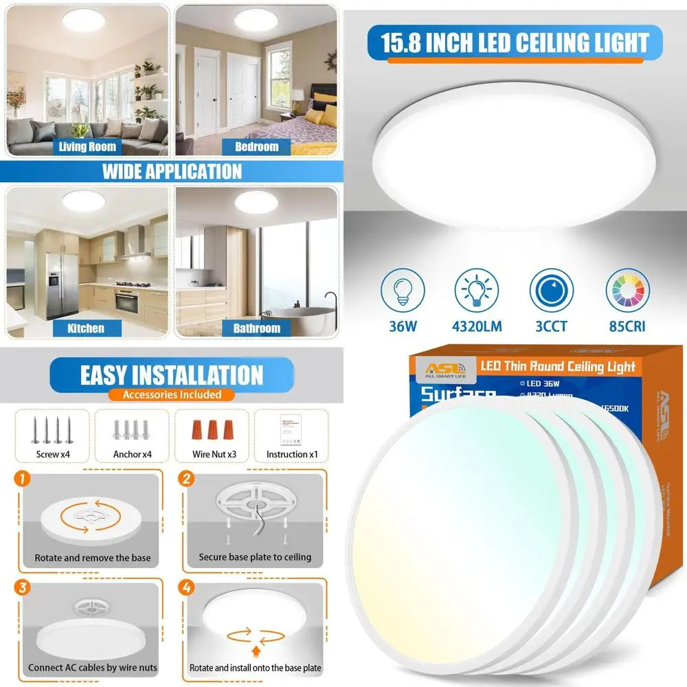 Набор из 4 светодиодных потолочных светильников, 32 Вт, 4320 лм, 3000K-6500K, с регулировкой яркости, для кухни и спальни
Набор из 4 светодиодных потолочных светильников, 32 Вт, 4320 лм, 3000K-6500K, с регулировкой яркости, для кухни и спальни