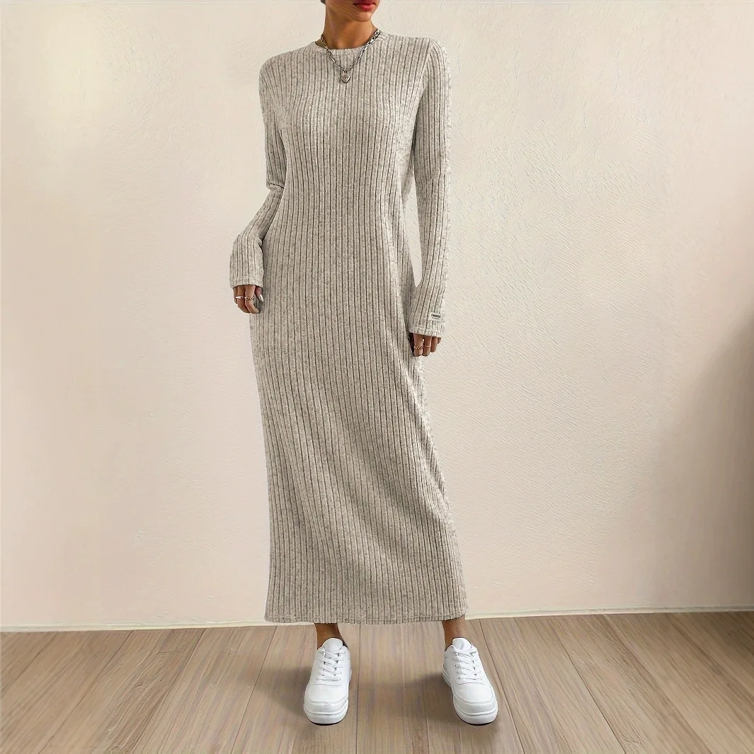 New women's round neck pullover knitted jumpsuit long skirt, home long sleeved slim fit solid color pit stripe long skirt
New women's round neck pullover knitted jumpsuit long skirt, home long sleeved slim fit solid color pit stripe long skirt