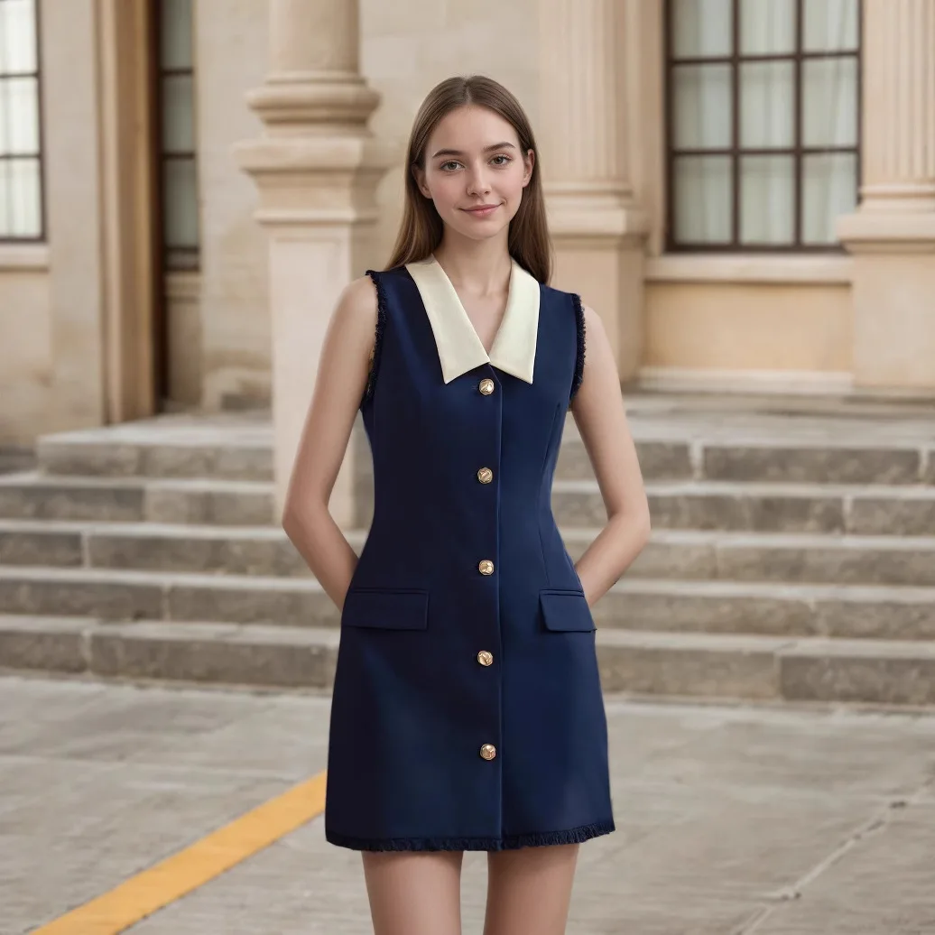 Women's Deep Blue Sleeveless Dress With White Collar And Gold Buttons Women's Short Dress Dresses For Women Clothing Outfits
Women's Deep Blue Sleeveless Dress With White Collar And Gold Buttons Women's Short Dress Dresses For Women Clothing Outfits