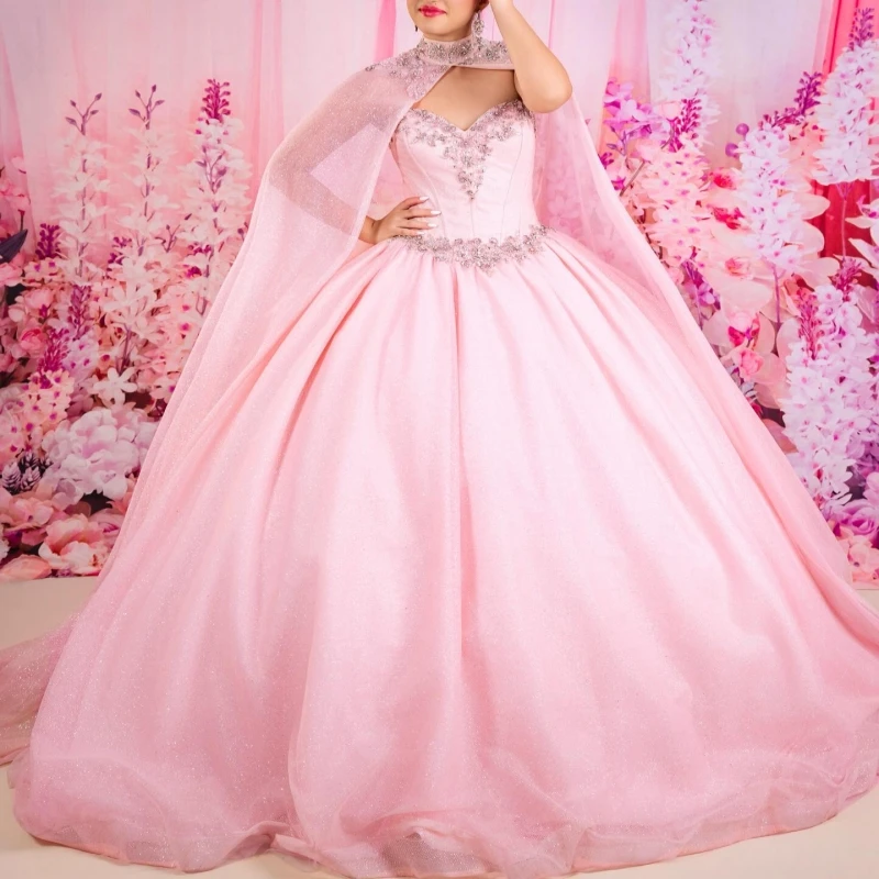 Pink Shiny Quinceanera Dresses Off The Shoulder Beading Crystal With Cape Corset Tull Party Birthday Sweet 16 Dress Vestidos 15
Pink Shiny Quinceanera Dresses Off The Shoulder Beading Crystal With Cape Corset Tull Party Birthday Sweet 16 Dress Vestidos 15