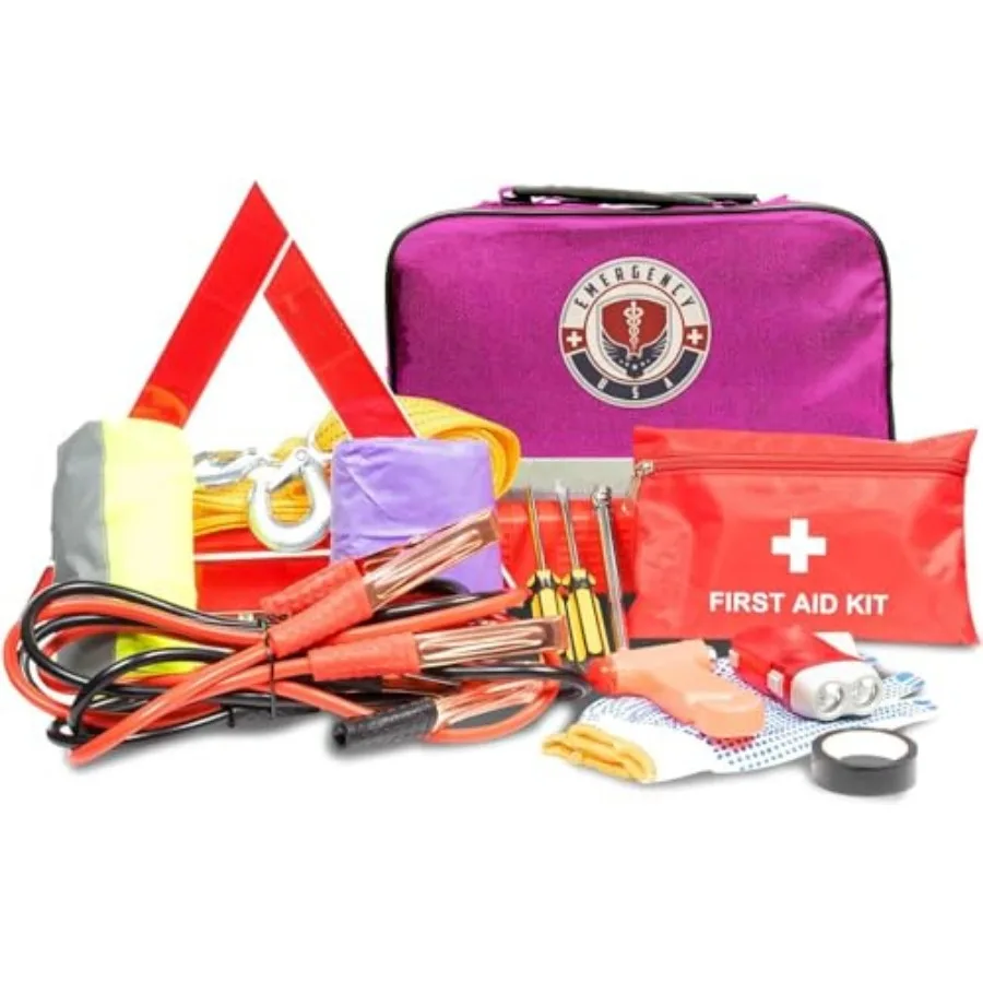 Roadside Car Emergency Kit - First Aid Set Jumper Cables Tow Strap LED Flash Light Rain Coat Tire Pressure Gauge Safety Vest an
Roadside Car Emergency Kit - First Aid Set Jumper Cables Tow Strap LED Flash Light Rain Coat Tire Pressure Gauge Safety Vest an