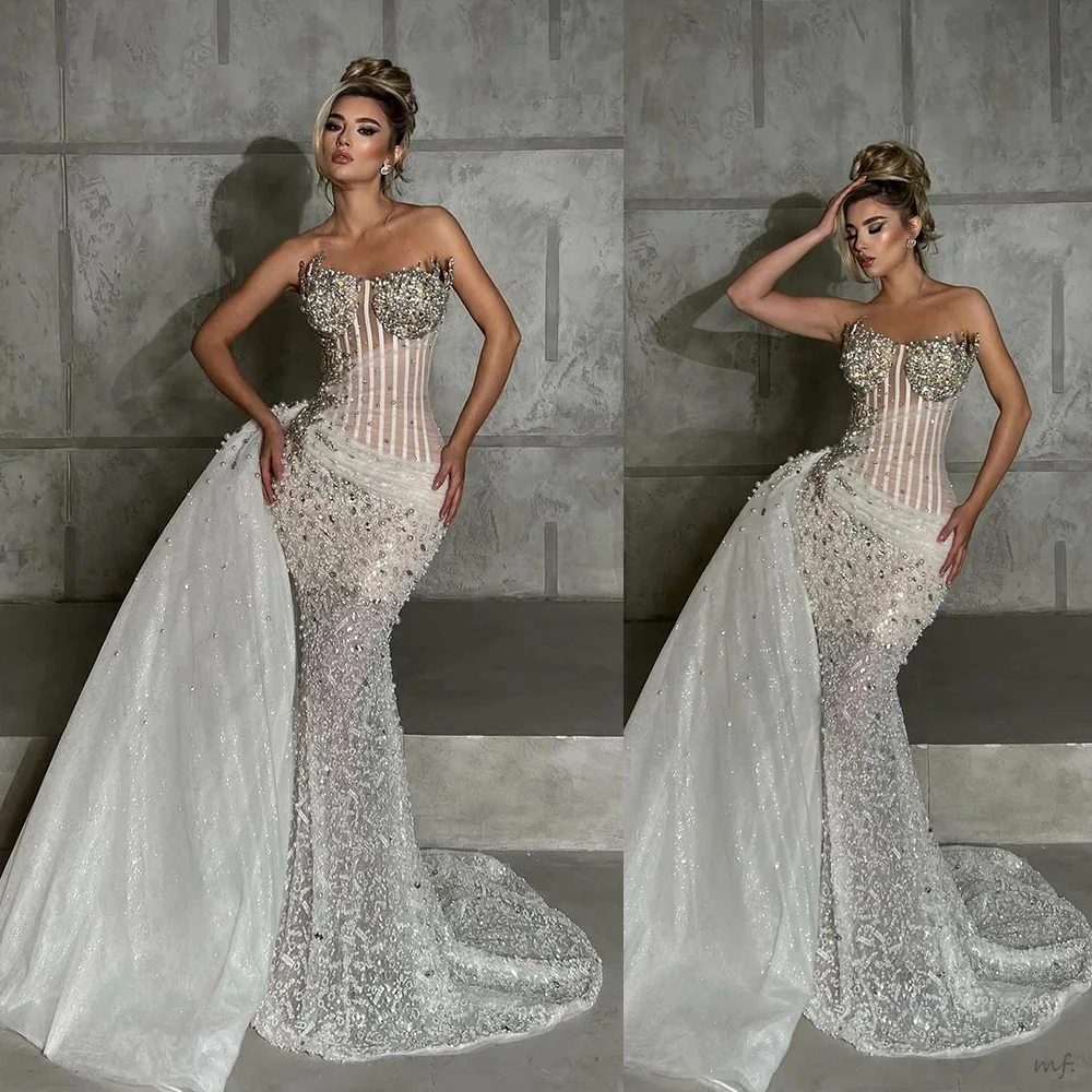 Gorgeous Evening Dresses Strapless Pearls Prom Gown Overskirts Sequins Rhinestone Illusion Mermaid Customized Vestidos De Noche
Gorgeous Evening Dresses Strapless Pearls Prom Gown Overskirts Sequins Rhinestone Illusion Mermaid Customized Vestidos De Noche